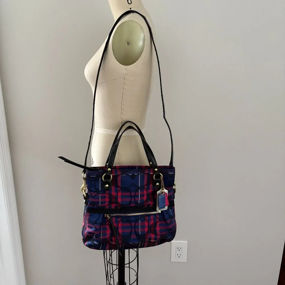 Coach Poppy 2way Shoulder Bag Red Blue Tartan Plaid Signature Canvas Patent Trim
